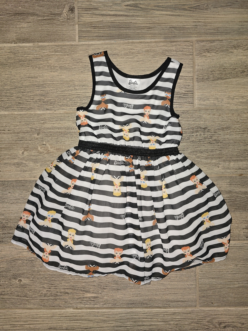 Barbie 1959 Black and White Striped Sleeveless Dress with Character Prints